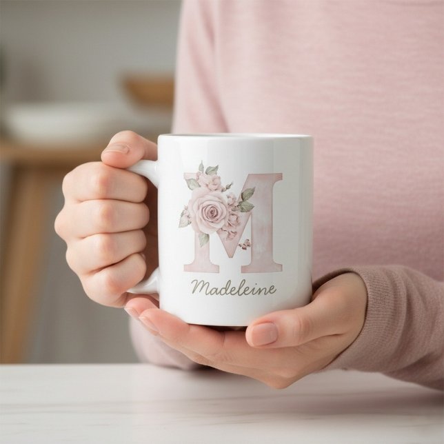 Blush Floral Monogram Feminine Mug - Letter M Jumbo Mugg (Blush Floral Monogram Feminine Mug - Letter M)
