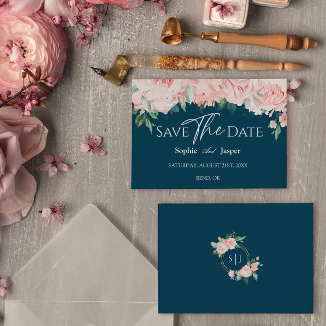 Blush Floral Navy Bröllop Flat Spara Datumet (Skapare uppladdad)