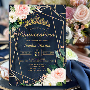 Blush Floral Navy Geometrisk Fjäril Quinceanera Inbjudningar