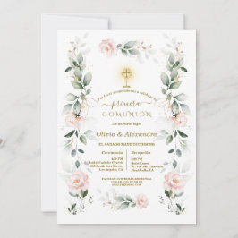 Blush Floral Primera Comunión Twins Holy Communion Inbjudningar