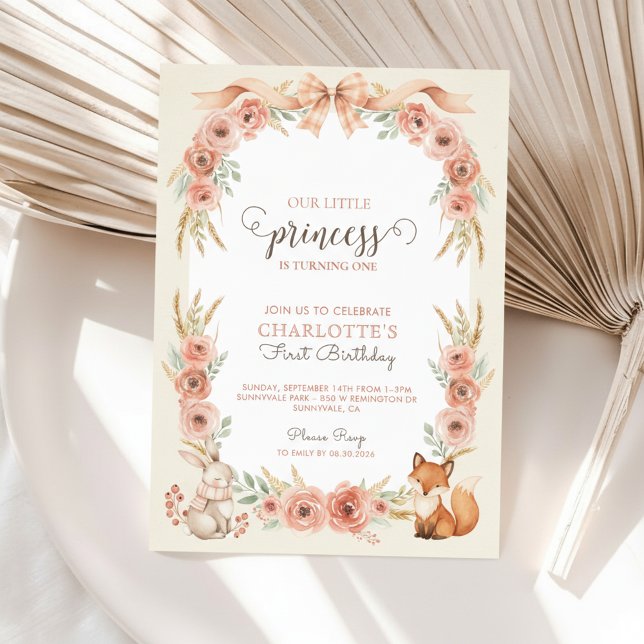 Blush Floral Prinsessa 1-års inbjudan (1st Birthday Invitation)