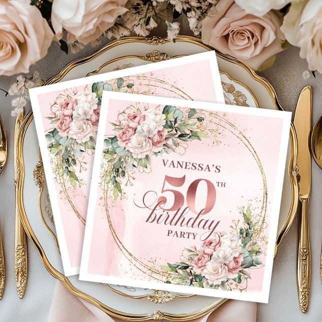 Blush Floral Rose Gold 50th Birthday Beverage   Pappersservett (Blush Floral Rose Gold 50th Birthday Beverage Napkins)