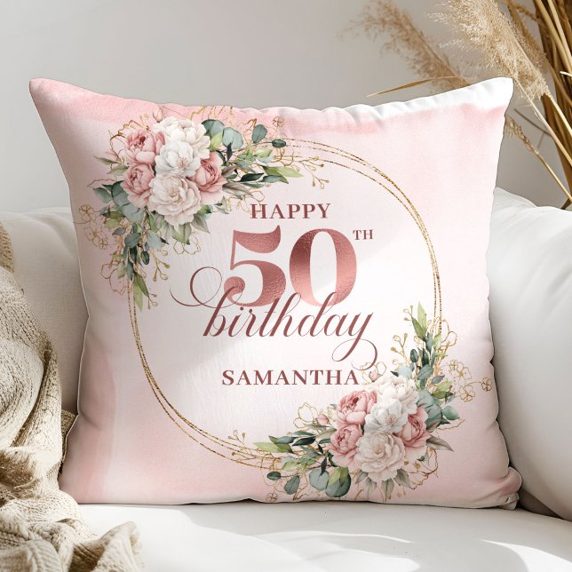 Blush Floral Rose Gold 50th Birthday Pillow Gift Kudde (Blush Floral Rose Gold 50th Birthday Pillow Gift)