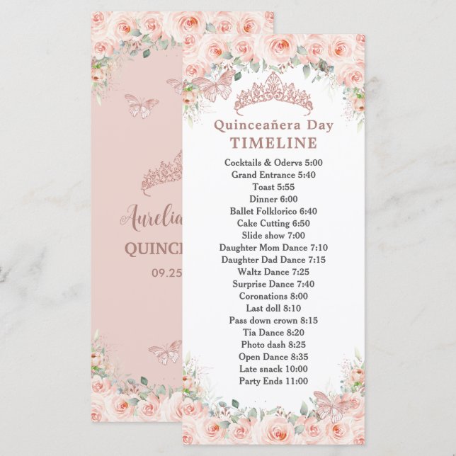 Blush Floral Rose Gold Quinceanera Day Timeline Program (Fram/baksida)