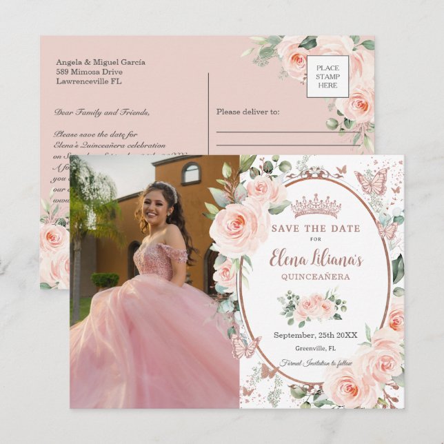 Blush Floral Rose Guld Fjärilar Quinceañera Meddelande Vykort (Fram/baksida)