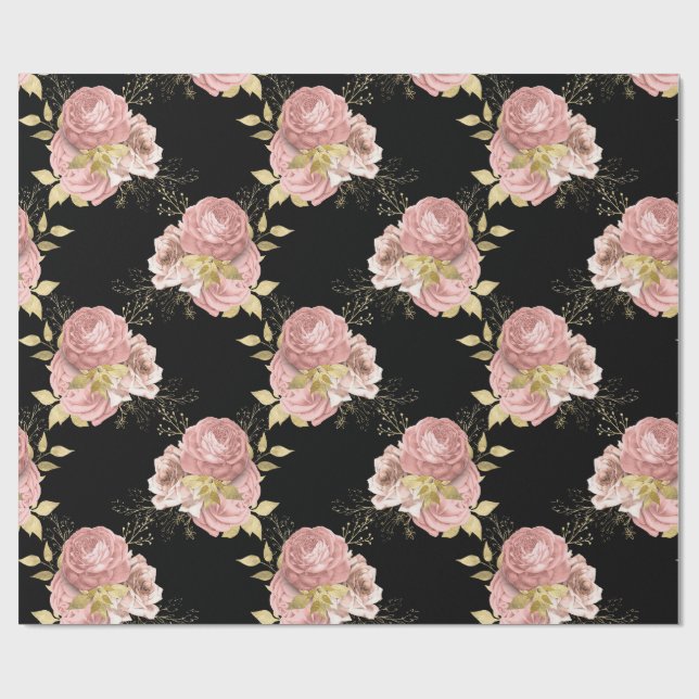 Blush Floral Svart & Guld Romantiskt Presentpapper (Platt)