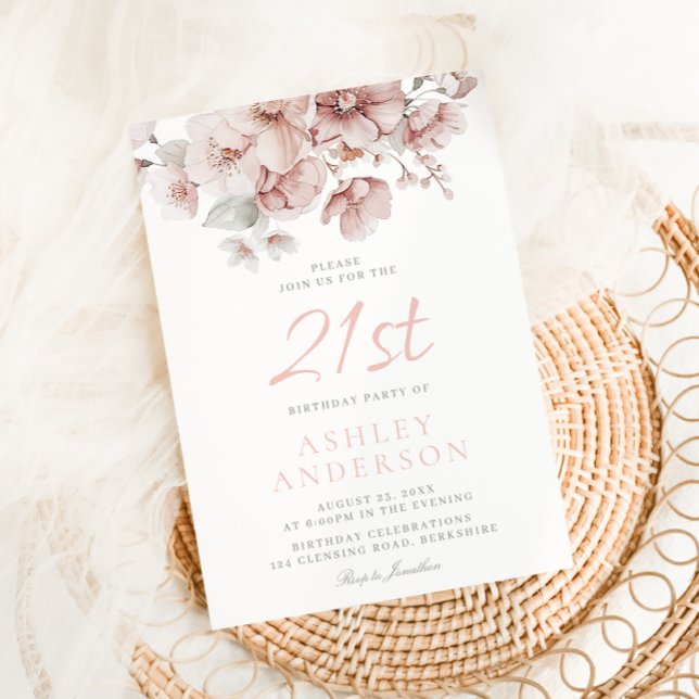 Blush Floral Watercolor 21-årsfirande Inbjudningar (Skapare uppladdad)