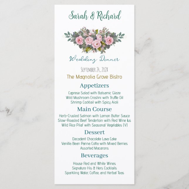Blush Floral Wedding Meny (Framsida)