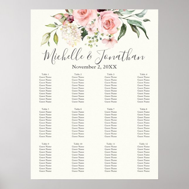 Blush Floral Wedding Seating Chart – Table Plan Poster (Framsidan)