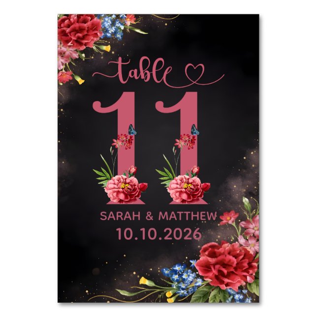 Blush Floral Wedding Table Number 11 Card Bordsnummer (Framsidan)