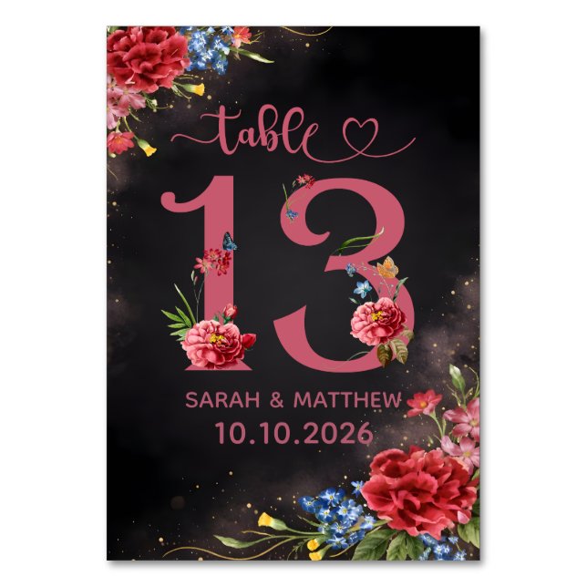 Blush Floral Wedding Table Number 13 Card Bordsnummer (Framsidan)