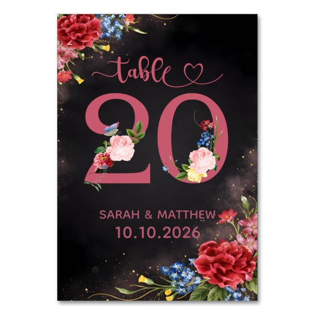 Blush Floral Wedding Table Number 20 Card Bordsnummer (Framsidan)