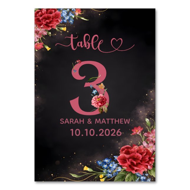 Blush Floral Wedding Table Number 3 Card Bordsnummer (Framsidan)
