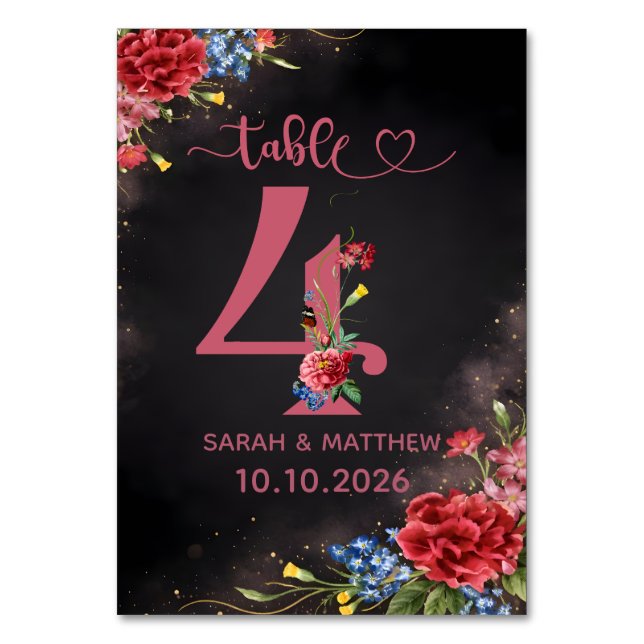 Blush Floral Wedding Table Number 4 Card Bordsnummer (Framsidan)
