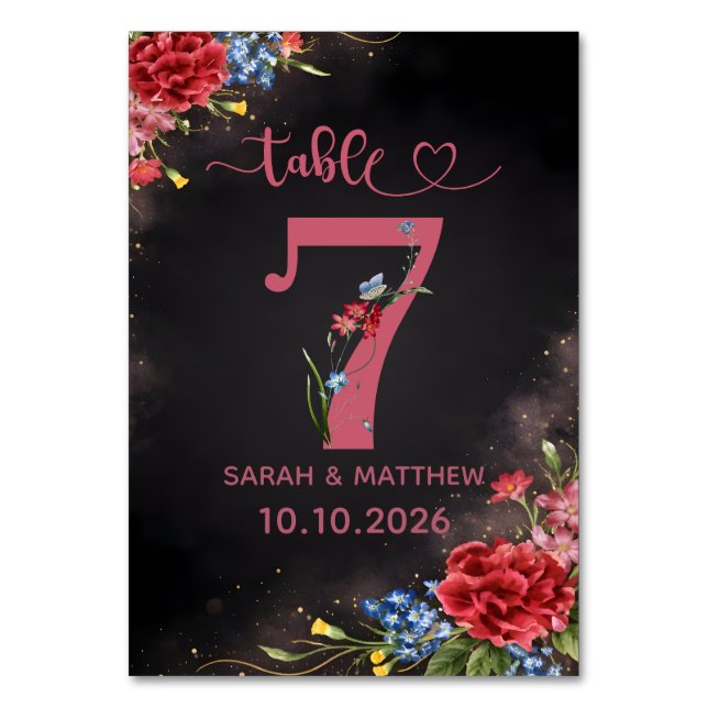 Blush Floral Wedding Table Number 7 Card Bordsnummer (Framsidan)