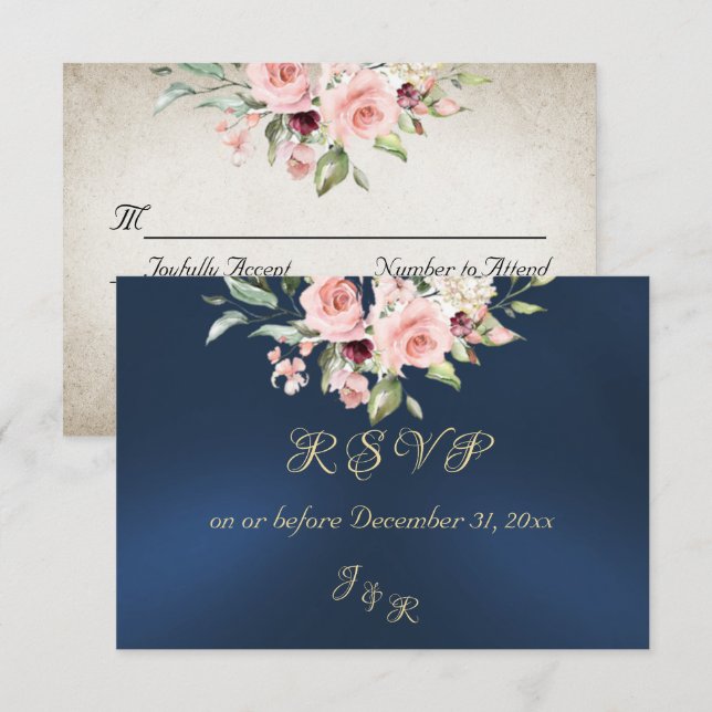 Blush Floral & Wreath RSVP - Blue OSA Kort (Fram/baksida)
