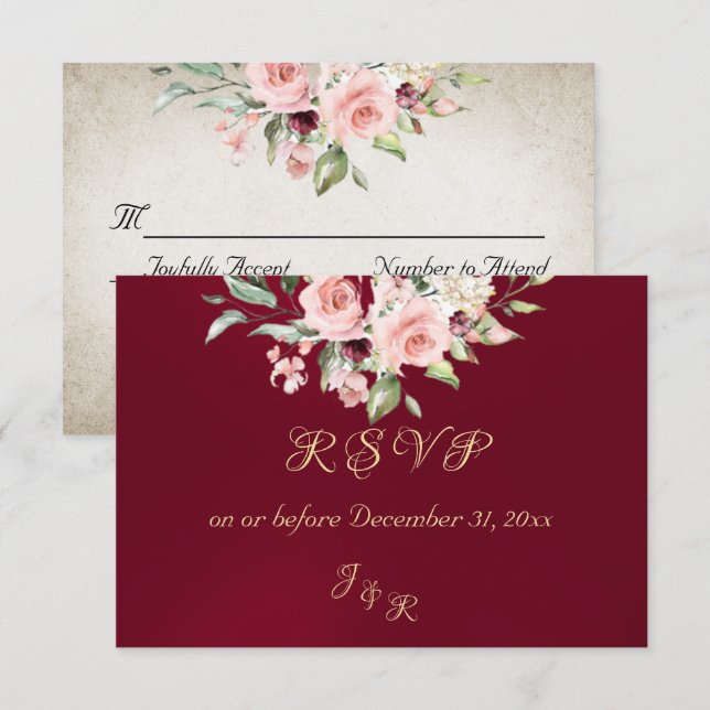Blush Floral & Wreath RSVP - Burgundy OSA Kort (Fram/baksida)