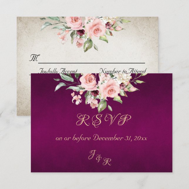 Blush Floral & Wreath RSVP - Purple OSA Kort (Fram/baksida)