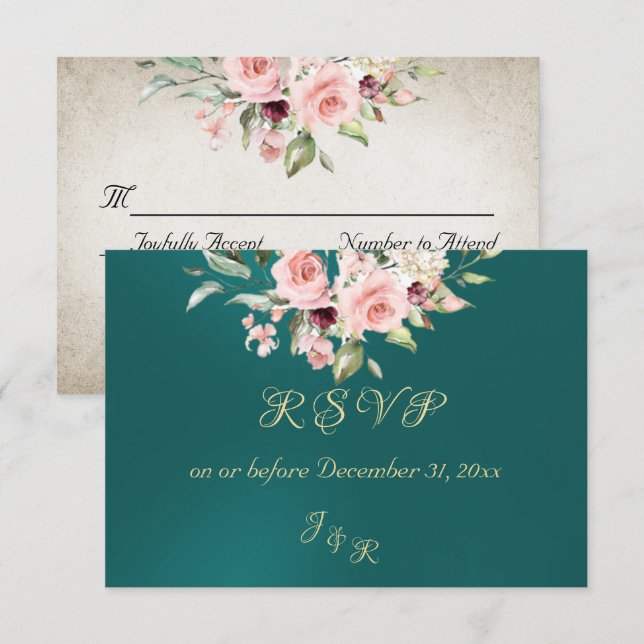 Blush Floral & Wreath RSVP - Teal OSA Kort (Fram/baksida)