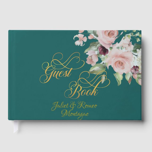 Blush Floral & Wreath - Teal/Gold Gästböcker (Framsida)