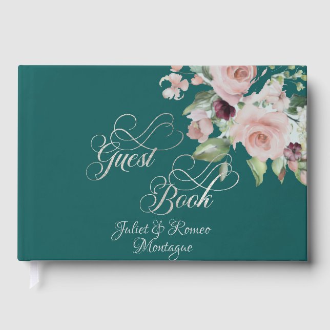 Blush Floral & Wreath - Teal/Silver Gästböcker (Framsida)