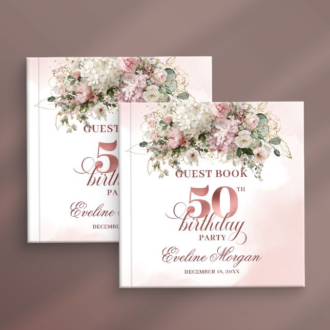 Blush Flowers Rose Gold Greenery 50th Birthday   Gästböcker (Blush Flowers Rose Gold Greenery 50th Birthday Party Guest Book

)