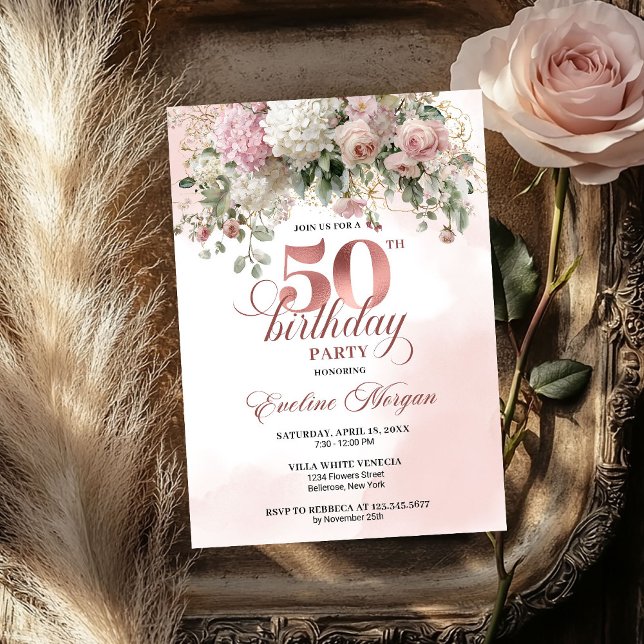 Blush Flowers Rose Gold Greenery 50th Birthday   Inbjudningar (Blush Flowers Rose Gold Greenery 50th Birthday Invite for Women

)