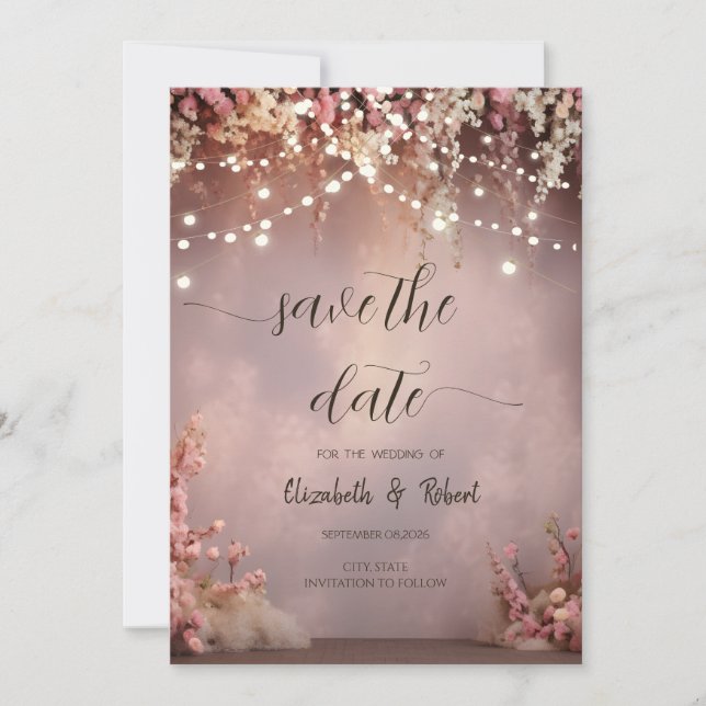 Blush Flowers String Lights Save The Date Spara Datumet (Framsida)