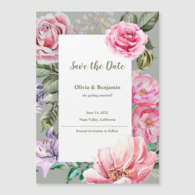 Blush Garden Floral Wedding Magnetic Save the Date (Framsida)