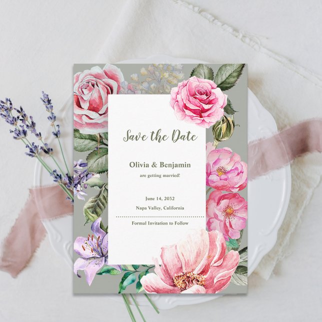 Blush Garden Romantic Floral Wedding Save the Date Meddelande Vykort (Blush Garden Romantic Floral Wedding Save the Date Announcement Postcard)