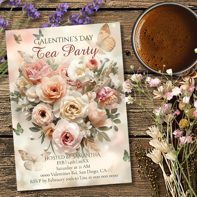 Blush Garden Rosor Galentine Tekalas Blommor Inbjudningar (Skapare uppladdad)