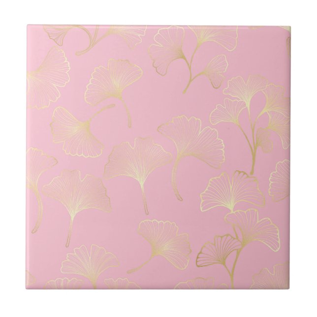 Blush Ginkgo Luxe – Gold Botanical on Pink (2) Kakelplatta (Framsidan)