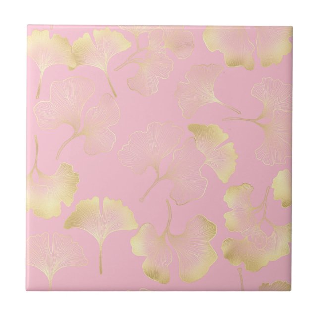 Blush Ginkgo Luxe – Gold Botanical on Pink (5) Kakelplatta (Framsidan)