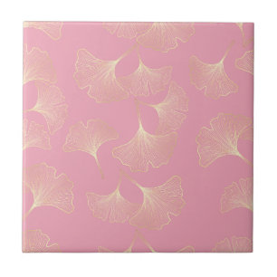 Blush Ginkgo Luxe – Guld Botanisk på Rosa (4) Kakelplatta