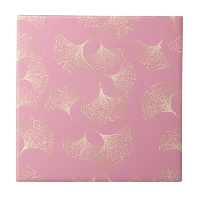 Blush Ginkgo Luxe – Guld Botanisk på Rosa (4) Kakelplatta (Framsidan)