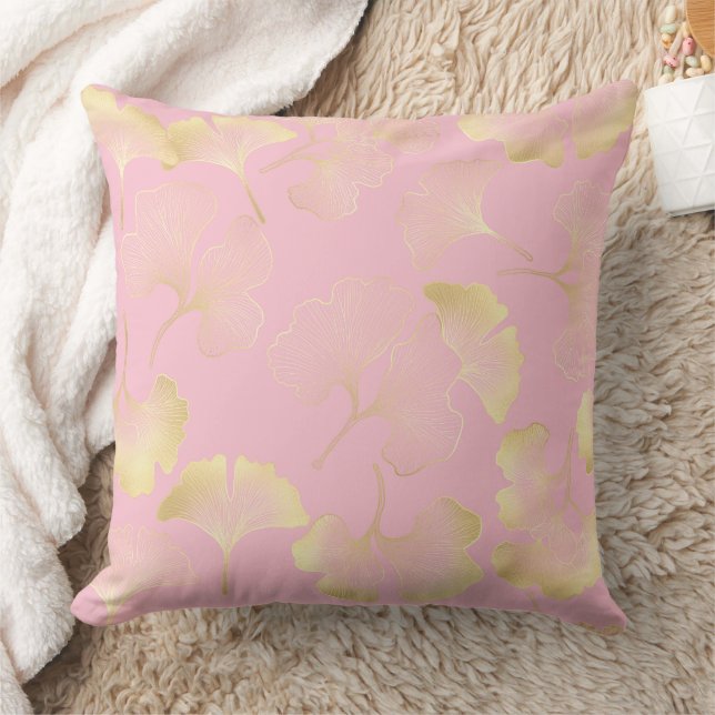 Blush Ginkgo Luxe – Guld Botanisk på Rosa (5) Kudde (Filt)