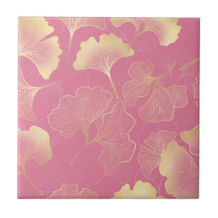 Blush Ginkgo Luxe – Guld Botanisk på Rosa (8) Kakelplatta