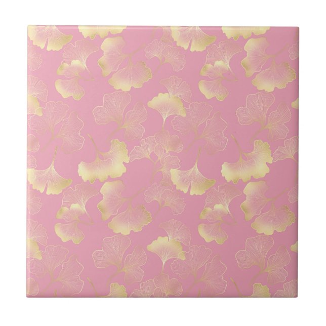 Blush Ginkgo Luxe – Guld Botanisk på Rosa Kakelplatta (Framsidan)