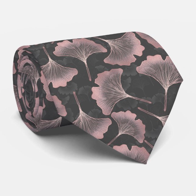 Blush Ginkgo Luxe – Guld Botanisk på Svart (9) Slips (Rullad)