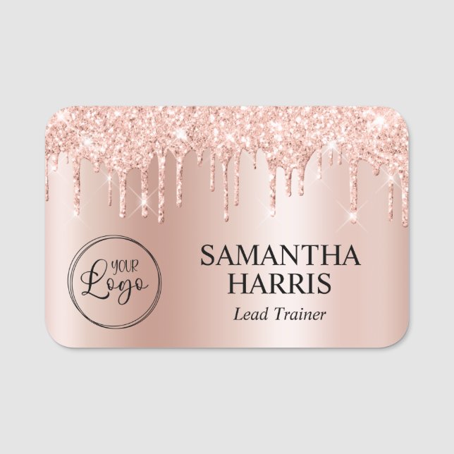 Blush Glitter Drips Pale Rose Gold Ombre Namnbricka (Framsida)