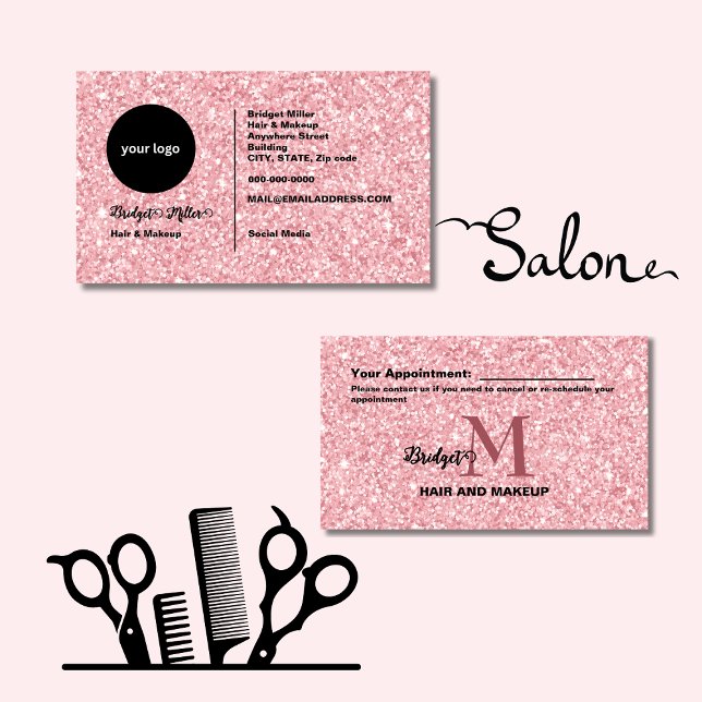 Blush Glitter frisörsalong monogram Logotyp  Tidsbeställning Kort (Skapare uppladdad)