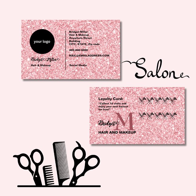 Blush Glitter hair salon monogram Logo Lojalitetskort (Skapare uppladdad)