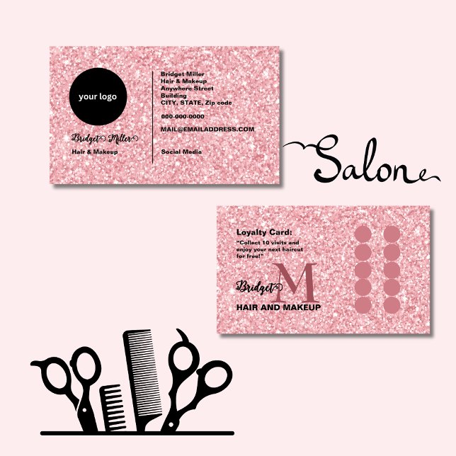 Blush Glitter hair salon monogram Logo Lojalitetskort (Skapare uppladdad)