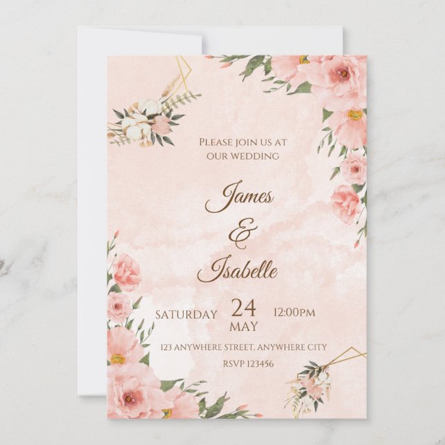 Blush & Gold: A Floral Elegance Wedding Invitation Inbjudningar (Framsida)