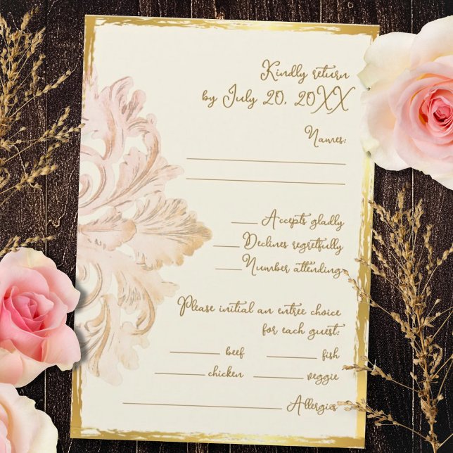 Blush Gold Baroque Vintage Elegance OSA Kort (Elegant baroque RSVP card in gold and blush tones with ornate flourishes and refined vintage charm.)