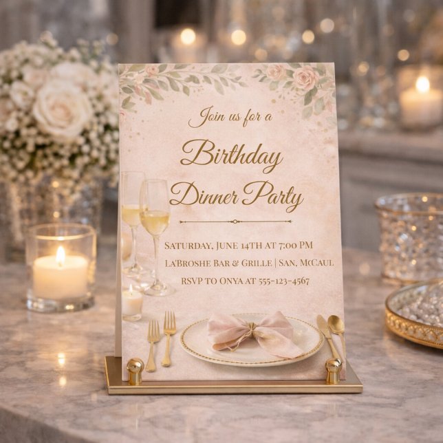 Blush Gold Dinner Party Invitation Inbjudningar (Blush florals and gold detail set the tone for a refined birthday dinner gathering)