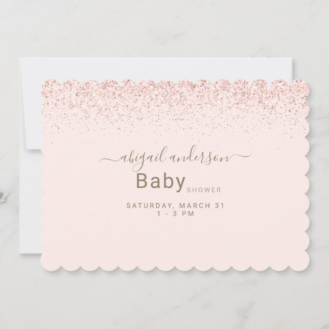 Blush & Gold Glam Glitter Bebis Bjudning Scalloped Inbjudningar (Framsida)