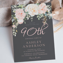 Blush & Gray Elegant Floral 90th Birthday Party Inbjudningar
