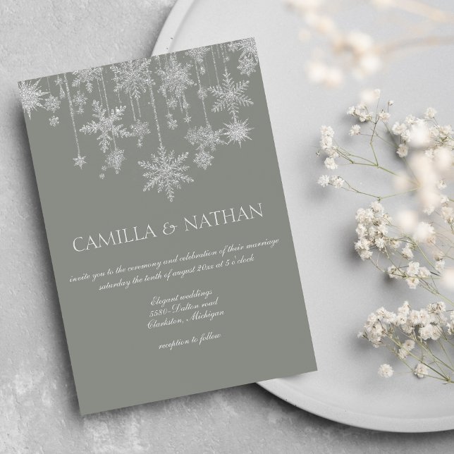 Blush gray silver snowflake wonderland Wedding Inbjudningar (Blush gray silver snowflake wonderland Wedding)