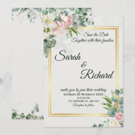 Blush Greenery Gold Frame Wedding Invitation Inbjudningar